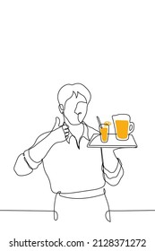 male waiter stands with tray on which there is decanter and glass filled with orange juice with his free hand he points finger up - one line drawing vector. concept of natural juice, healthy food 