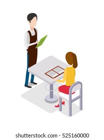 Male waiter in uniform with green notebook standing near table and taking customer order at restaurant. Girl with brown hair sitting at white table and looking through menu. Flat design. Vector