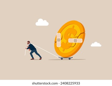 Male walking with bandage repaired dollar coin shape. Counter economic crisis. Flat vector illustration