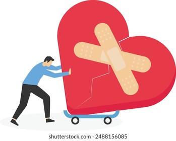 Male walking with bandage repaired heart shape. Move on or forget and forgive, open for new relationship, heal heart broken or divorce and relationship problem.

