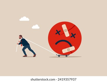 Male walking with bandage repaired negative emoticon shape.  No job satisfaction, negative attitude. Modern vector illustration in flat style