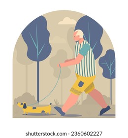 Male walking outside with dog in park. Concept of happy retirement. Active and healthy lifestyle. Pet care concept. Flat vector illustration in cartoon style