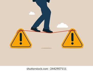 Male walks from one exclamation attention sign to another along a tight rope. Incident management. Flat vector illustration