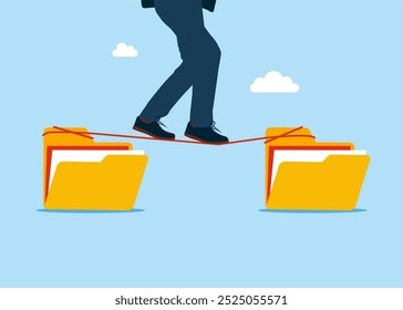 Male walks from one files folder to another along a tight rope. Arrange online data, paperwork concept, file management, organize document files into archive folders. Flat vector illustration