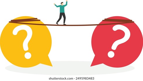 El macho camina de un signo de interrogación a otro a lo largo de una cuerda apretada. Comunicación. Ilustración vectorial plana

