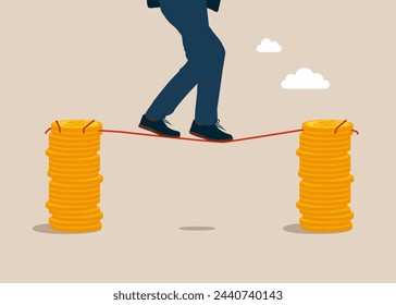 Male walks from one stack of coins to another along a tight rope. Overcome difficulty. Flat vector illustration