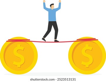 El macho camina de una pila de monedas a otra a lo largo de una cuerda apretada. Superar la dificultad. Ilustración vectorial plana

