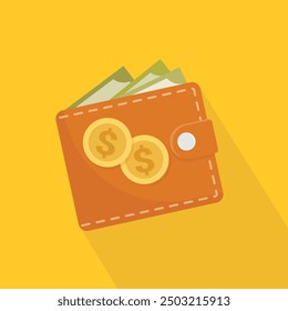 Cartera masculina con monedas de oro y billetes. Ilustración vectorial aislada sobre fondo naranja. Concepto de dinero