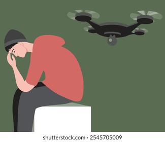 Veterano de guerra masculino e drone militar como conceito de TEPT após a guerra, ilustração de estoque de vetor plano com medo, choque e problemas de saúde mental