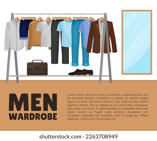 Bannerdesign für männliche Wardrobe mit Kleidung und Kleidung auf Rack und Hanger Vectorvorlage