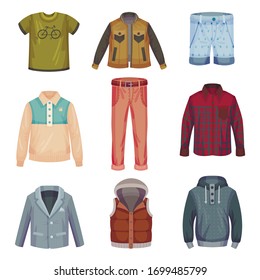 Male Wardrobe and Clothing Items with Jacket and Shirt Vector Set