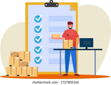 Male Warehouse Workers Check The Stock Of Goods To Be Sent To The Customer. Vector Illustration Of Isolated Modern Flat Style On A White Background For A Website Or Background