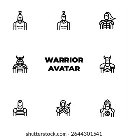 Male Warrior avatar outline icon set. Warrior character front view black line illustration.
