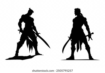 Male Warrior Silhouette Clipart, Knight Warriors Black Silhouette Vector