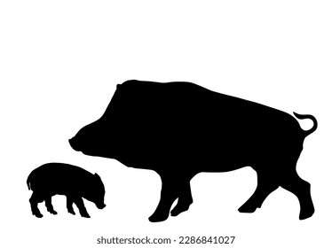 Male warthog with baby pig vector silhouette illustration isolated on white background. Pork meat. Wild boar shape animal family symbol. Shadow swine breeding. Organic food. Little piglet.