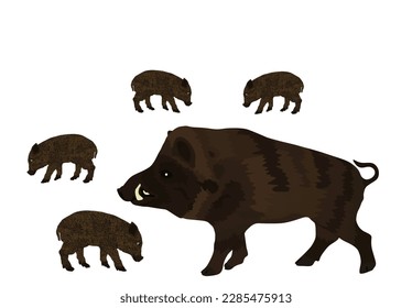 Male warthog with baby pigs vector illustration isolated on white background. Pork meat. Wild boar animal family symbol. Swine breeding. Organic food. Little piglet symbol.