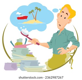 Male washing dishes. Funny people. Illustration concept template for website, web landing page, banner, presentation, social, poster, promotion or print media.