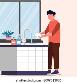 Male is washing the dishes used after eating. Vector colorful illustration. Washing.