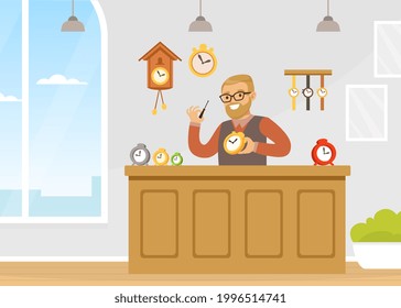 Male Watchmaker Repairing Watches, Craft Hobby or Profession Vector Illustration