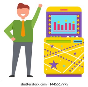 Male waving standing by slot machine, character wearing tie smiling and playing games in casino. Gambler screen with charts and diagrams, gamesome gambler or gamer bet in gaming computer machinery
