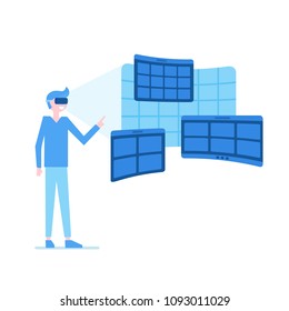 Male wearing glasses of VR smiling and trying new experience in life by looking on digital blue screens set choosing alternatives vector illustration. Isolated on white background
