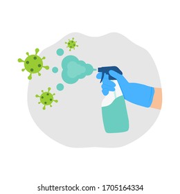 Male Wearing Gloves and Spraying the Disinfectant - Vector Flat Design Illustration : Suitable for People Theme, Health / Medical Theme, Infographics and Other Graphic Related Assets.