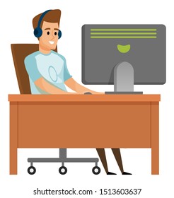 Male wearing headset using computer, man communication with pc, portrait view of smiling person character in casual clothes, sitting at table, hobby vector