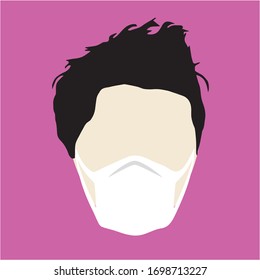 Male wearing medical mask who has black hair, with a pink background. 