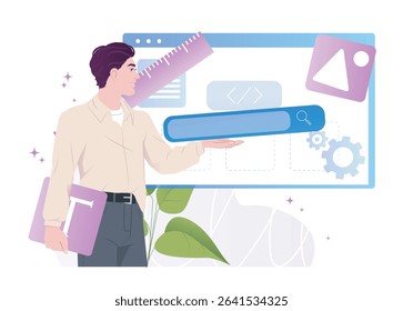 Male web designer holding UI elements like search bar and typography tool in front of website interface template, flat style on white background. Concept of web design. Vector illustration
