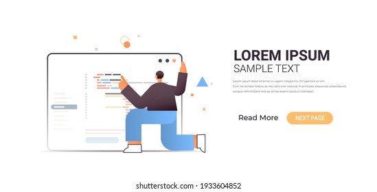 male web developer creating program code development of software and programming concept full length horizontal copy space vector illustration