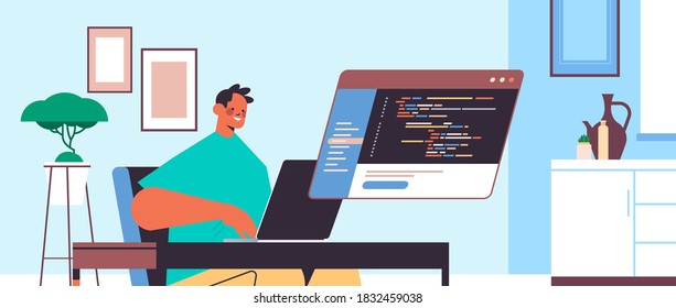 male web developer using laptop creating program code development of software and programming concept programmer sitting at workplace portrait horizontal vector illustration