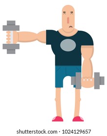 a male weightlifter lifts a heavy dumbbell,the guy lifts the barbell,cartoon character, vector image, flat design