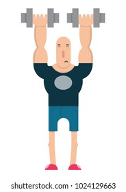 a male weightlifter lifts a heavy dumbbell,the guy lifts the barbell,cartoon character, vector image, flat design