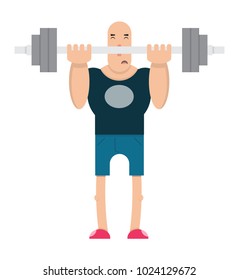 a male weightlifter lifts a heavy dumbbell,the guy lifts the barbell,cartoon character, vector image, flat design