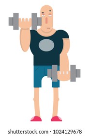 a male weightlifter lifts a heavy dumbbell,the guy lifts the barbell,cartoon character, vector image, flat design