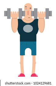 a male weightlifter lifts a heavy dumbbell,the guy lifts the barbell,cartoon character, vector image, flat design