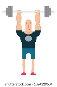 a male weightlifter lifts a heavy dumbbell,the guy lifts the barbell,cartoon character, vector image, flat design