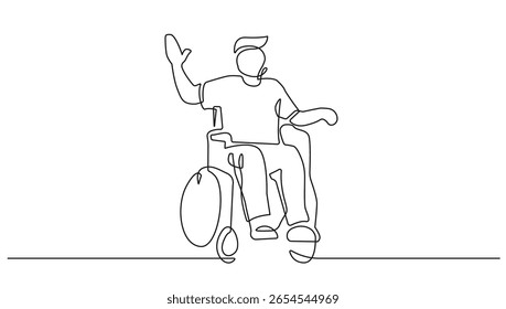Male in Wheelchair Continuous Line Vector Drawing. Disabled Person Silhouette in Simple Minimal Outline Style. Editable Stroke. Helping People with Disabilities Hand Drawn Sketch Illustration. Not AI