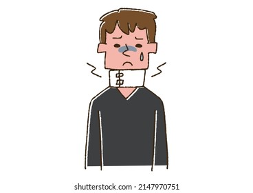 Male with whiplash fixing neck Comical handwritten person Vector, color on line drawing