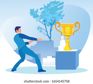 Male White Collar Worker, Trying Hard, Straggling to Drag Golden Champion Cup off its Pedestal, Wishing to Take It into Possession, Against Big City Business Quarter with Skyscrapers in Background