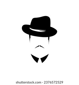 Male white head with tie hat and mustache template. Retro men character 20s with vintage style for masquerade and designer vector avatar