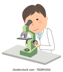 Hombre en una bata de laboratorio blanca con microscopio