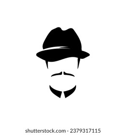 Male white profile collared with hat and mustache template. Old men character 20s with vintage style for masquerade and designer vector avatar