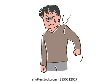 Male who feels shoulder pain Comical handwritten person Vector  warm line drawing
