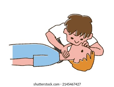 Male who gives artificial respiration to a fallen patient Comical handwritten person Vector, color on line drawing
