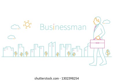 Male whole body of suits to office street of 3 color line drawing