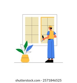 Male Window Cleaner With Squeegee In Flat Vector Illustration Symbolizing Hygiene, Maintenance, And Cleaning Services, Isolated On White Background.