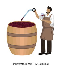 Der männliche Winzer kontrolliert den Wein während des Gärungsprozesses in großen Holzbehältern. Weinbereitung, Mazeration, Fermentation. Handwerkliche traditionelle Weinherstellung. Cartoon Vektorillustration Illustration. Einzelnes Objekt auf Weiß