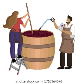 Der männliche Weinbauer kontrolliert den Wein während des Gärungsprozesses und die weiblichen Winzermischungen und -schüttelungen. Vektorillustration. Einzelobjekt