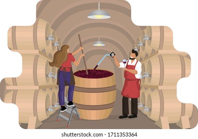 Male winemaker checks wine during fermentation process and female winemaker mixes and shakes grape pulp in large wooden vat at wine cellar with oak barrels. Craft. Cartoon vector illustration 